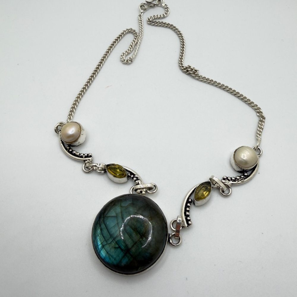 20" labradorite, lemon quartz, and pearl necklace in sterling silver!